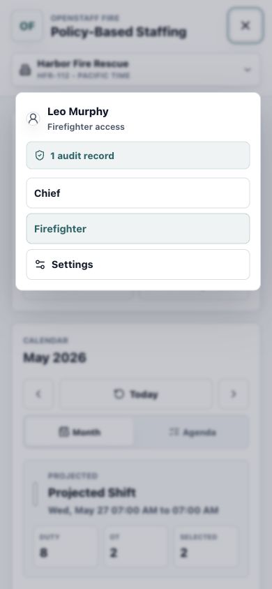 OpenStaff Fire mobile navigation overlay.